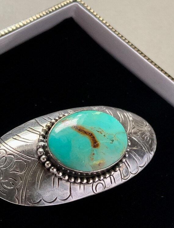 Kingman Turquoise & Sterling Silver Engraved Oval… - image 5