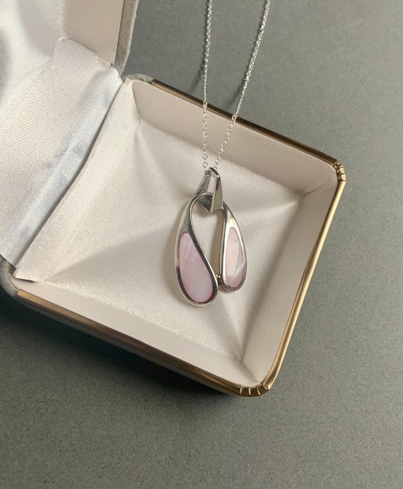 Pink Mother of Pearl Inlaid Sterling Silver Neckla