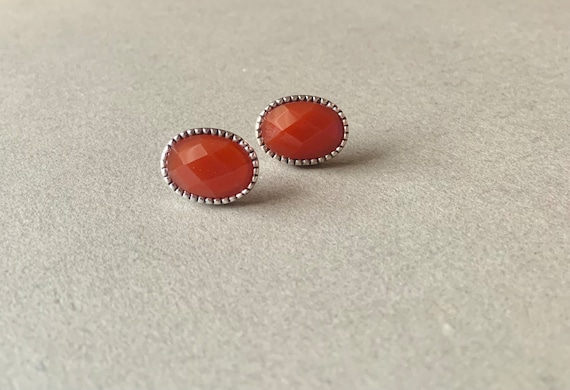 Carnelian & Sterling Silver Faceted Oval Stud Earrings