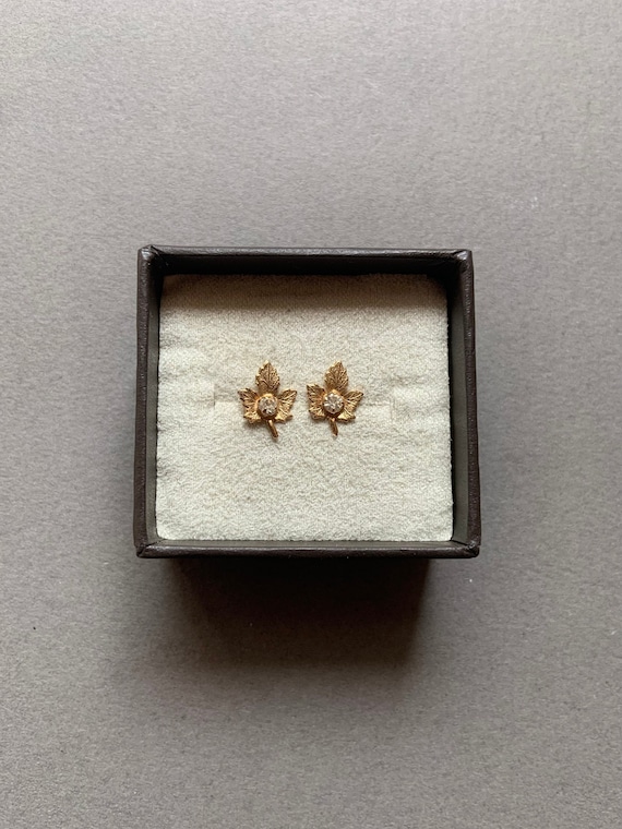 Gold Plated Rhinestone Leaf Stud Earrings