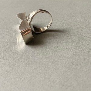 Op de afbeelding: Een zilveren ring met een geometrisch ontwerp. De ring is gemaakt van twee delen die aan elkaar zijn verbonden.