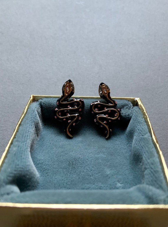 Black Enamel and Rhinestone Snake Earrings