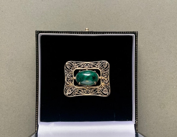 Malachite & Vermeil Filigree Rectangular Brooch /… - image 1