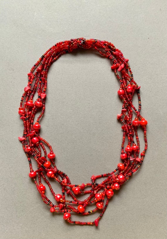 Red Glass Beaded Multi-Strand Magnetic Necklace