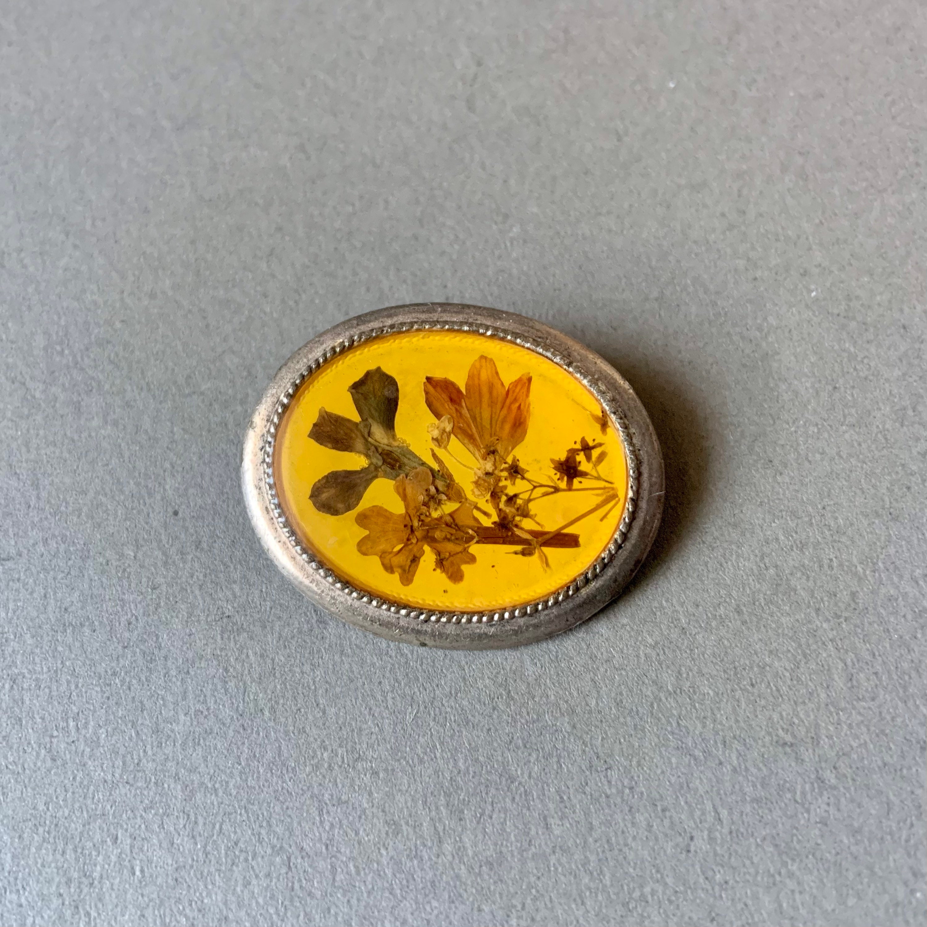 Broche Ancienne Ovale En Résine - Couleur Marron Et Beige Avec Fleurs - Réf. 413 - Occasion Parfait état