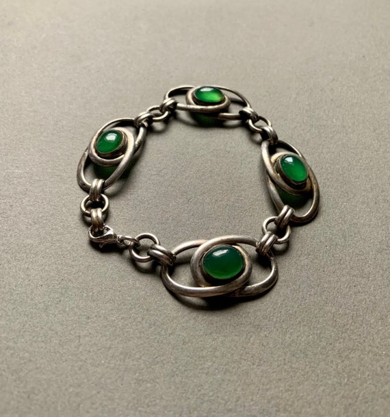 Jade Colored Glass Sterling Silver Bracelet - image 1