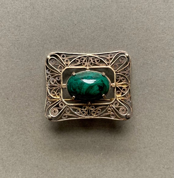 Malachite & Vermeil Filigree Rectangular Brooch /… - image 3