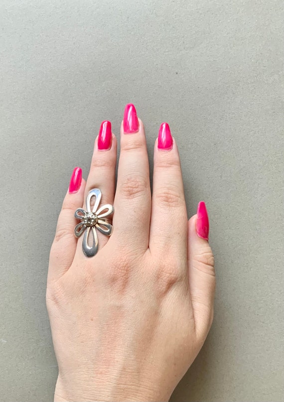 Sterling Silver Flower Statement Ring Signed Turk… - image 2