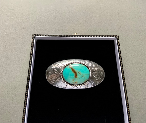 Kingman Turquoise & Sterling Silver Engraved Oval… - image 1
