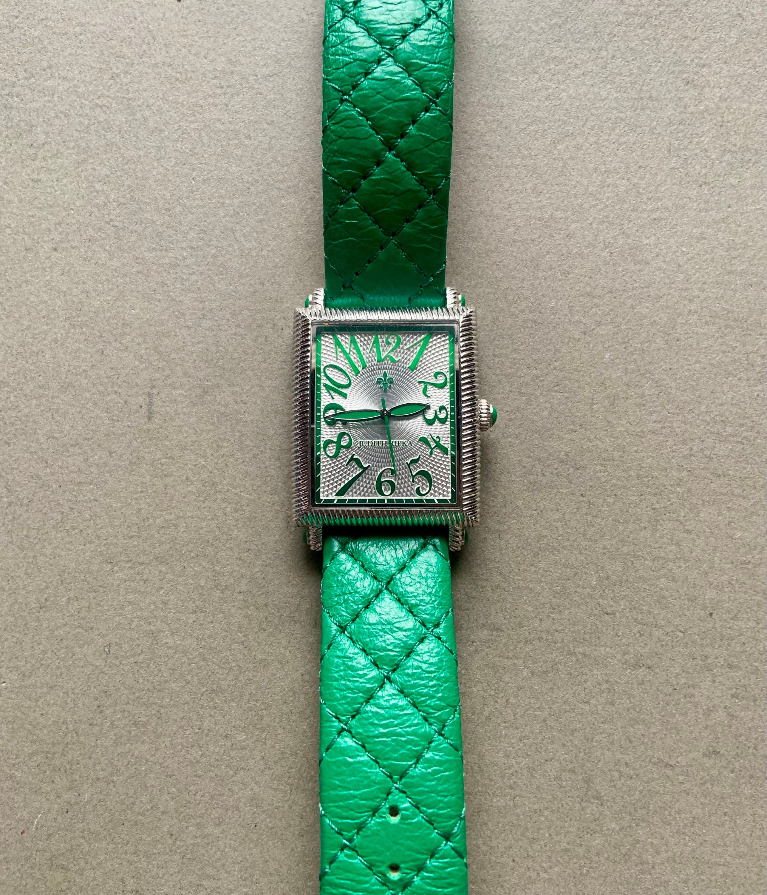 Judith Ripka Stainless Steel Green Heart Bezel Watch w/ Snake Cowhide Band JUDITH RIPKA STAINLESS STEEL BLUE SNAKE LEATHER CABLE HEART  main image 2