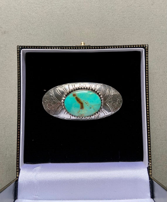 Kingman Turquoise & Sterling Silver Engraved Oval… - image 2