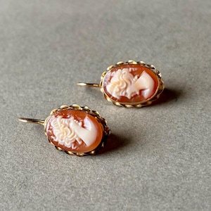 Puede incluir: Un par de pendientes de tono dorado con incrustaciones de camafeos. Los camafeos son de forma ovalada y presentan un perfil blanco de un rostro de mujer sobre un fondo marrón rojizo.