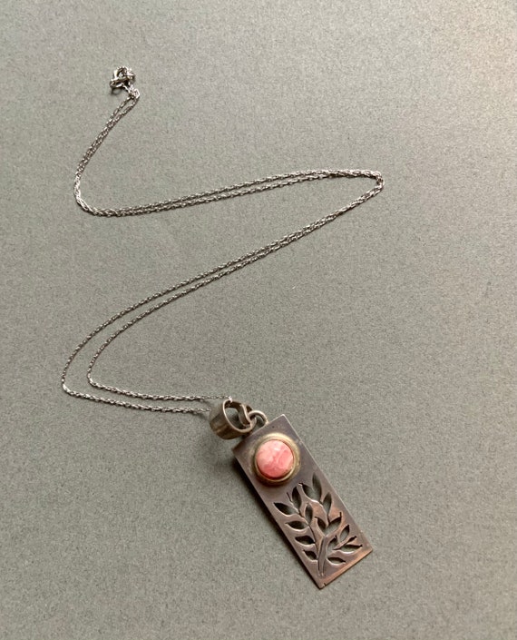 Pink Opal and Sterling Silver Leaf Pendant with 1… - image 3