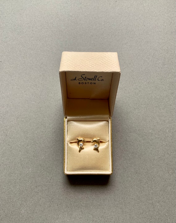 14k Gold & Cubic Zirconia CZ Dolphin Stud Earrings - image 3