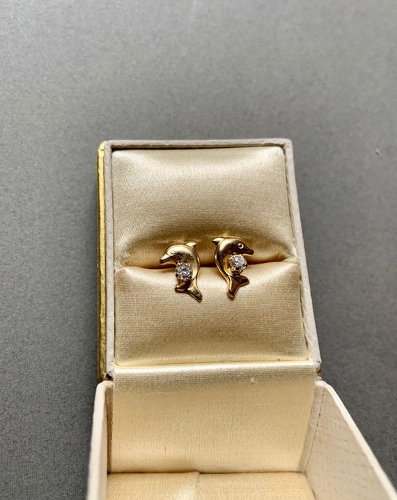 14k Gold & Cubic Zirconia CZ Dolphin Stud Earrings - image 1