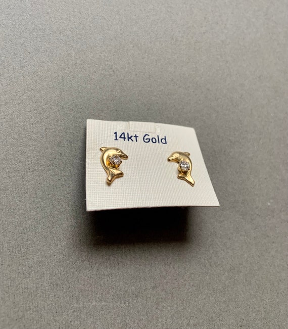 14k Gold & Cubic Zirconia CZ Dolphin Stud Earrings - image 5