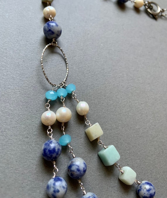 Green Moonstone, Sodalite, and Pearl Beaded Neckl… - image 4