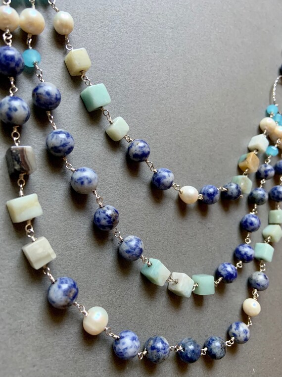 Green Moonstone, Sodalite, and Pearl Beaded Neckl… - image 3