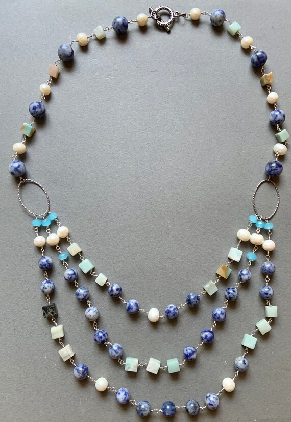 Green Moonstone, Sodalite, and Pearl Beaded Neckl… - image 2