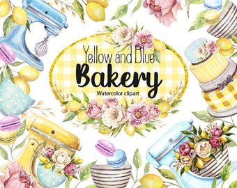 Yellow and Blue Bakery watercolor clipart