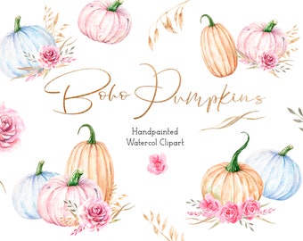 Boho Pumpkins Watercolor Clipart, Pumpkins clipart, Autumn watercolor Clipart