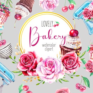 Watercolor Bakery Clipart. Baking supplies. (873376)