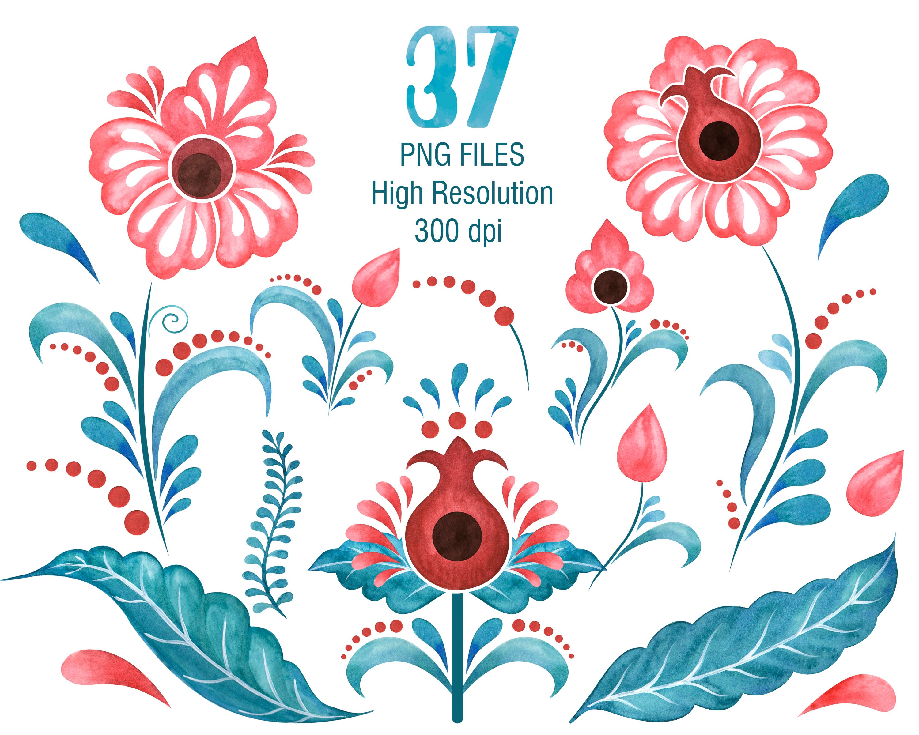 FolkArt Flowers Clipart Watercolor flowers clipart | Etsy