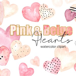 Rosa und Beige Aquarell Herzen Clipart, Valentines Aquarell Herzen, Pastell Herzen Clipart