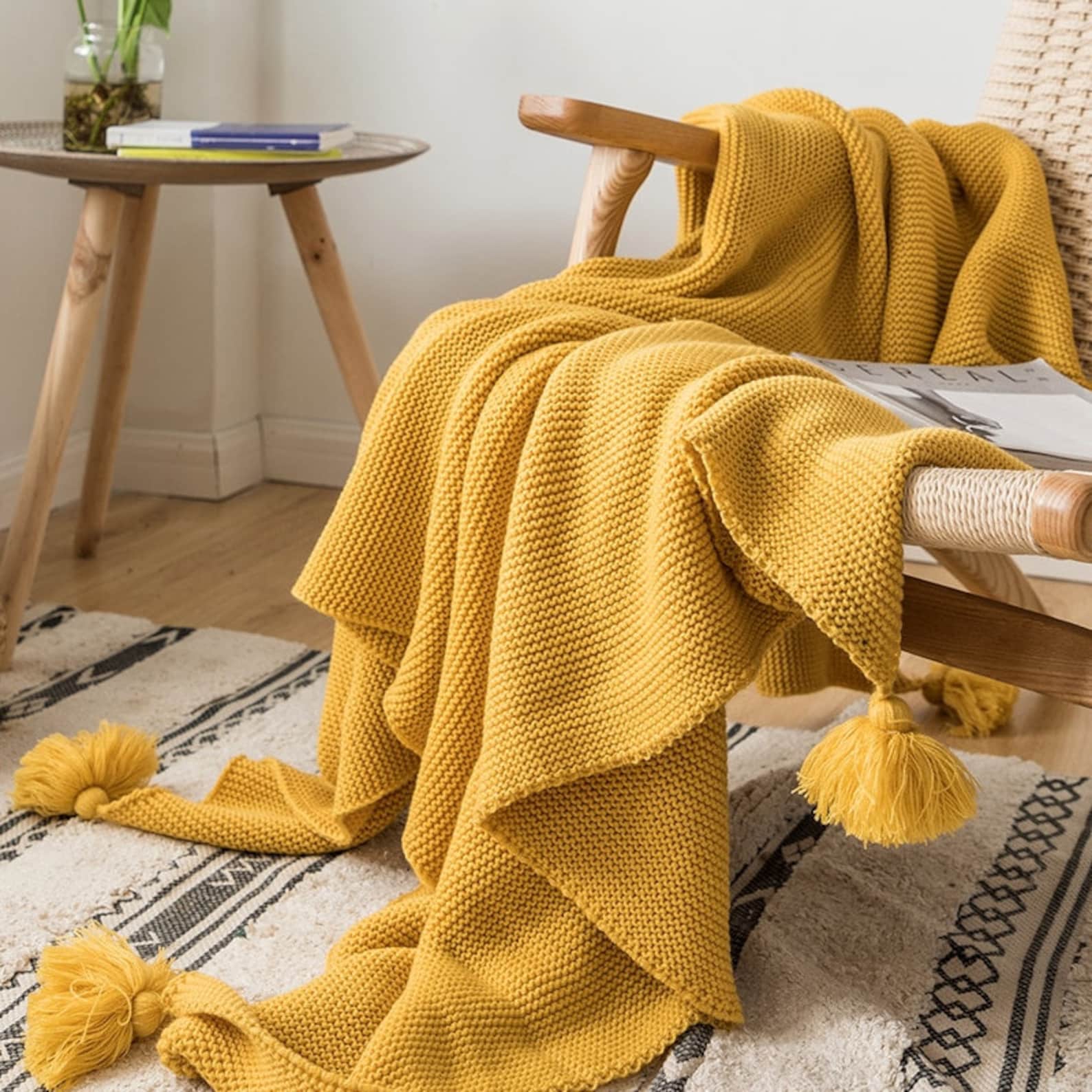 Cozy Yellow Knitted Throw Thread Blanket on the Bed Sofa Plaid Etsy