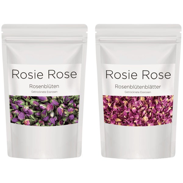 Damaszener Rosenblüten/blätter in 50g & 25g | Getrocknete essbare Rosenblüten, Tortendekoration, Topping, Backdeko, Tischdeko| ROSIE ROSE