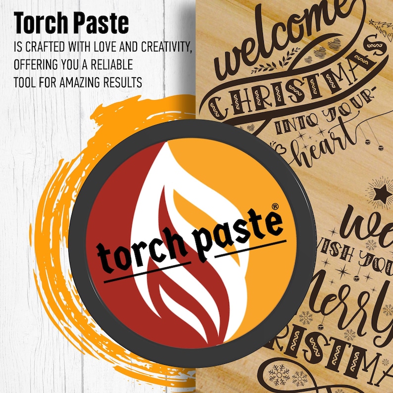 May include: A round container with a black lid and a red and yellow flame design. The container is labeled "torch paste" and has a registered trademark symbol. The background is a wooden surface with a Christmas-themed design.
