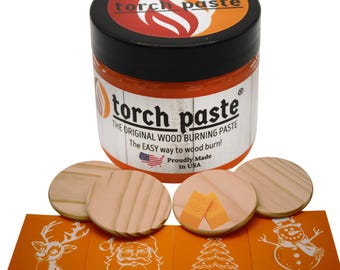 Torch Paste Classic Christmas Ornament/Coaster Kit | 4 Reusable Stencils | Santa, Reindeer, Snowman,  Tree | 2 Squeegees | 4 Wood Rounds