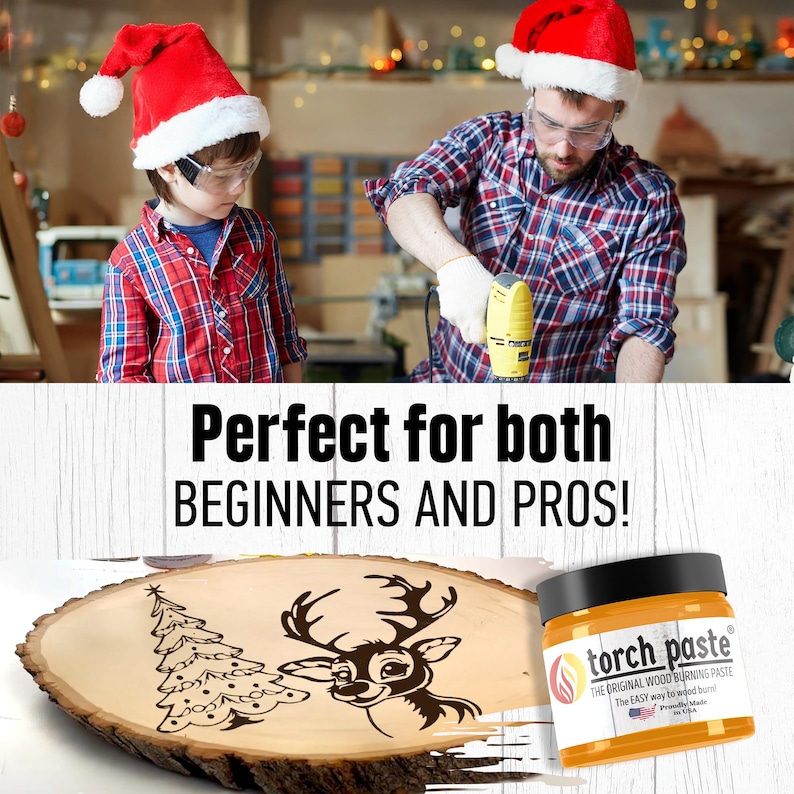 May include: A jar of orange wood burning paste labeled "torch paste" with the text "The original wood burning paste. The easy way to wood burn!"  A wood slice with a reindeer and a Christmas tree design is in the background.