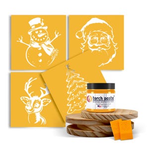 May include: Four yellow stencils with white Christmas designs: a snowman, Santa Claus, a reindeer, and a Christmas tree. A jar of woodburning paste is in the foreground.