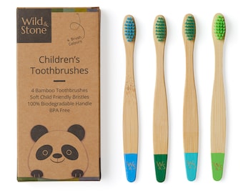 Children's Bamboo Toothbrush - 4 Pack - Aqua Colour