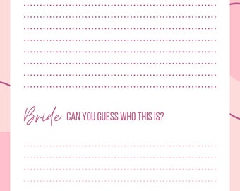 May include: A printable bridal shower game with pink and white background and a floral design. The text reads "My Favorite Memory With the Bride..." and "Bride Can You Guess Who This Is?"