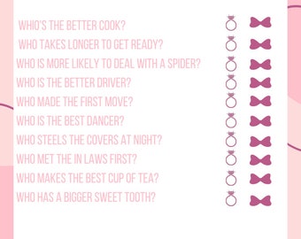 May include: A pink and white printable game card with the text "Who's Who? Bride or Groom" and a list of questions about the bride and groom. The questions are followed by a ring and a bow icon for the player to choose from.