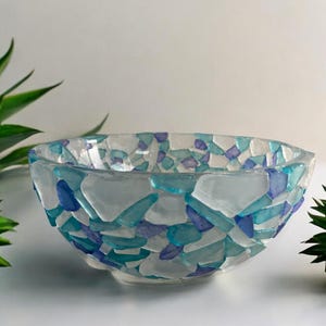 Handmade Sea Glass Bowl, Blue Coastal Decor (9 inch)