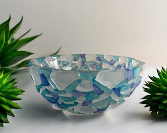 Beach Sea Glass Resin Bowl 9&quot;/Blue Seaglass Bowl /Beach Decor /Decorative Seaglass Bowl /Home décor /wedding gift couple unique/ handmade