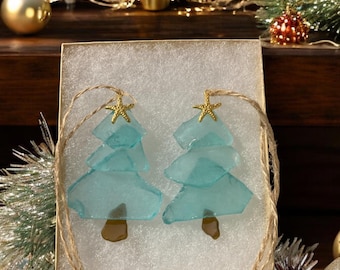 Beach Blue Sea Glass Christmas Tree Ornament/ Handmade/Set of Two/ FREE SHIPPING