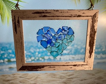 one of a kind Heart sea glass inspired blue and white tumbled pottery pendant beach pottery heart