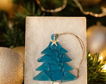 Coastal Turquoise Beach Sea Glass Christmas Tree Ornament/ Nautical tree/ Handmade/ FREE SHIPPING