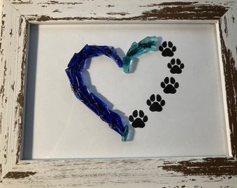 Beach Blue Sea Glass Heart With Paw Prints Whitewashed Wood Frame 5x7/ FREE SHIPPING