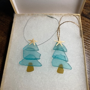 Beach Blue Sea Glass Christmas Tree Ornament/ Handmade/Set of Two/ FREE SHIPPING