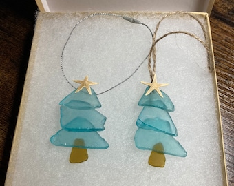 Beach Blue Sea Glass Christmas Tree Ornament/ Handmade/Set of Two/ FREE SHIPPING