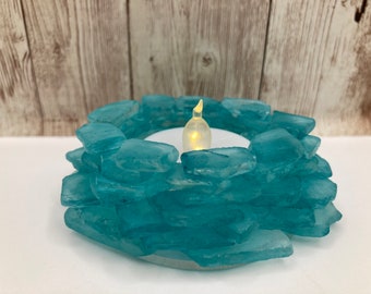 Handmade Beach Glass Tea Light Holder: Turquoise Coastal Decor