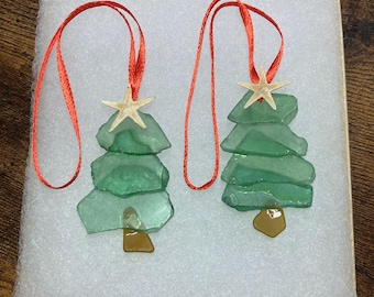 Beach Sea Glass Green Christmas Tree Ornament/ Handmade/Set of Two/ FREE SHIPPING