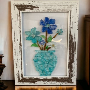 Beach Décor Sea Glass Flowers/Flower wall hanging/coastal Flowers/sea glass art wall hanging/turquoise beach art/ handmade