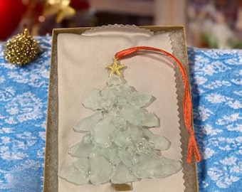 Beach Sea Glass Christmas Tree Ornament/White-LT Blue/ Suncatcher/ Handmade/ FREE SHIPPING