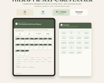 May include: A digital Therapy & Self-Care Planner workbook displayed on a tablet and a separate contents page. The interface features dark green headers, light green accents, and text modules including CBT, ACT, and various coping tools.